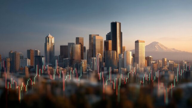 Seattle skyline with financial market trends highlighting economic growth and urban development at sunset