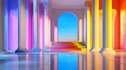 Vibrant interior space featuring colorful columns and large archway, creating stunning visual effect with reflections on floor