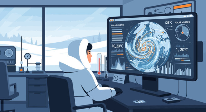 Analyst Tracking Polar Vortex Data At Arctic Climate Research Station