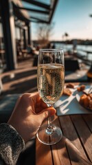 Person Holding Glass of Champagne in Sunlight &ndash; Sparkling Bubbly Celebration, Elegant Toast, Commercial Style