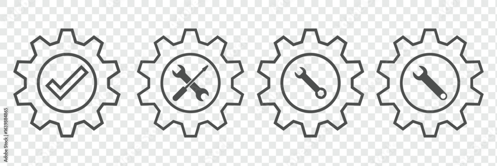 Poster setting icon set. cog settings icon symbol. checkmark with cogwheel vector icon. gear and checkmark 