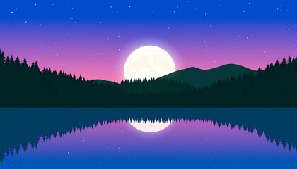 Peaceful lake scene under a full moon at night.