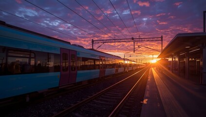 Naklejka premium Train on Platform at Sunset