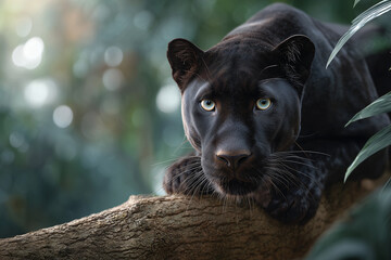 A striking close-up portrait of a majestic black panther perched on a tree branch, showcasing its captivating eyes and powerful presence. The panther gazes directly at the viewer.