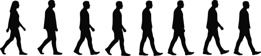 Silhouette of people walking in a row, diverse male and female figures in motion, isolated on white background