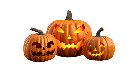 Terrifying trio of Jack-o'-lanterns glowing eerily for Halloween night, bringing spooky fun and festive cheer to your holiday designs and creative projects
