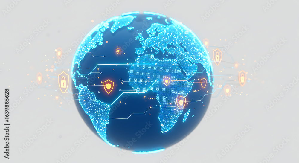 Poster global cyber security: a high-tech 3d rendering of the earth, illuminated by glowing lines of data, 
