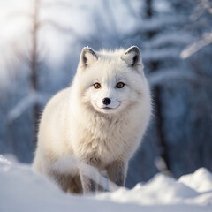 Majestic arctic fox with striking orange eyes in winter wonderland