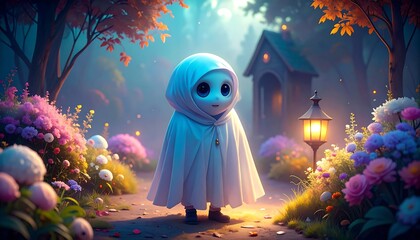 Small, spectral figure in a white cloak amidst a garden at twilight.