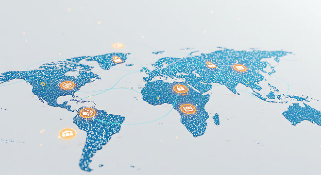 Global Connectivity and Communication: A stylized digital world map illustrates seamless global connections. - Powered by Adobe