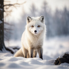 Majestic arctic fox with bright eyes stares from snowy winter landscape