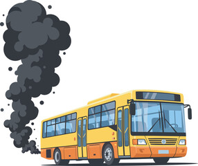 A polluting yellow bus emits a large plume of black exhaust smoke.