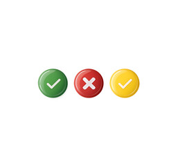 Three Glossy Oval Buttons Horizontally Arranged on White Background: Green Checkmark, Red X, and Blue Question Mark