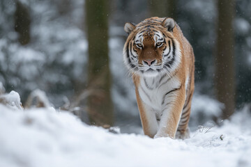 Majestic tiger strides confidently through a snow-covered forest, exuding power and grace. Its focused gaze and striking orange and black stripes stand out against the wintery landscape
