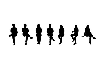 Silhouette of people sitting in various poses, relaxed and casual, both male and female, isolated on white background, front and side views