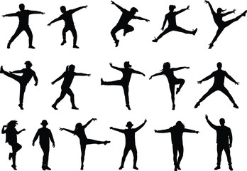 Silhouette of people dancing, jumping, stretching, and posing in dynamic and energetic movement, isolated on white background in various expressive dance styles