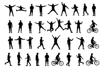 Silhouette of people walking, running, jumping, cycling, posing, dancing, celebrating, standing, and exercising in various active poses isolated on white background