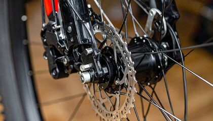 Obraz premium Close-up view of a bicycle rear wheel hub and brake.