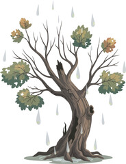 Fototapeta premium A weathered tree in a rainstorm, with rain droplets falling around it.