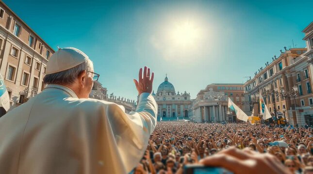 Religious leader blesses crowd at iconic Vatican City landmark.	
