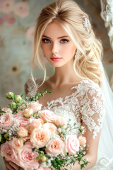 Obraz premium Beautiful Romantic Blonde Bride with Flowers