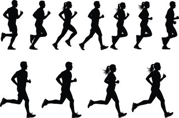 Silhouettes of male and female runners jogging, fitness exercise, athletic training, healthy lifestyle, outdoor running, running shoes, group workout, active people, jogging on white background