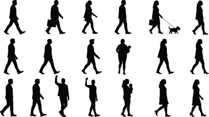 Silhouettes of diverse walking people, men and women, holding briefcases, walking dogs, carrying babies, casual and business attire, isolated on white background