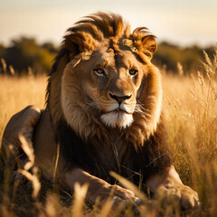 Obraz premium Majestic lion rests in golden savanna grass at sunset