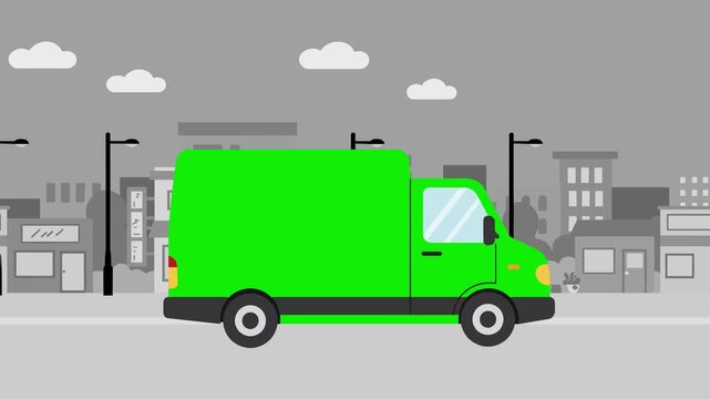 Flat 2D animation of a green cargo van moving through a simplified urban street with clouds and buildings. The clean vector style and smooth seamless loop make it perfect for logistics presentations, 