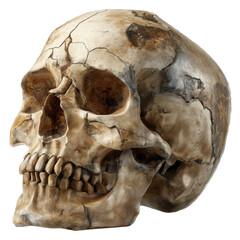 Fototapeta premium Ancient fractured human skull with visible teeth and eye sockets detailed texture