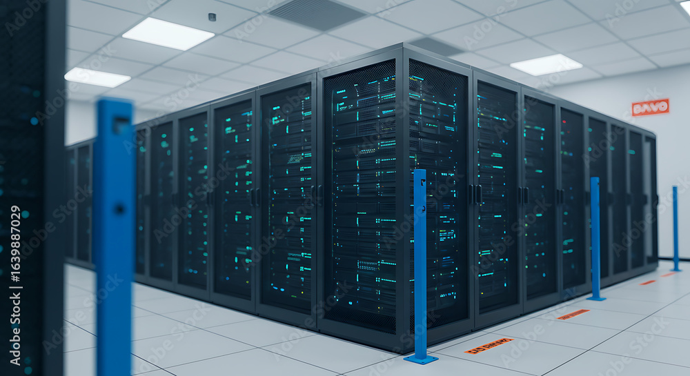 Poster data center infrastructure: a cutting-edge data center, showcasing rows of advanced server racks. th