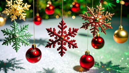 Fototapeta premium Christmas ornaments and snowflakes on snow