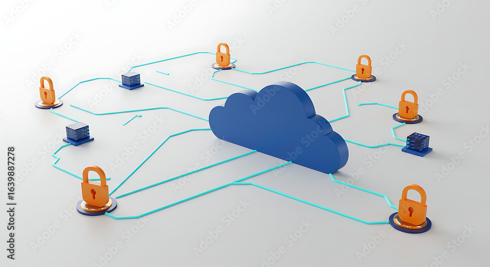Poster secured cloud network: an abstract visualization of a secure cloud network, symbolized by a prominen