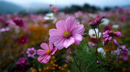Vibrant Pink Cosmos Flowers Close-Up in Blooming Summer Field