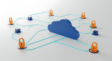 Secured Cloud Network: An abstract visualization of a secure cloud network, symbolized by a prominent cloud icon encircled by strategically placed padlocks and interconnected pathways.