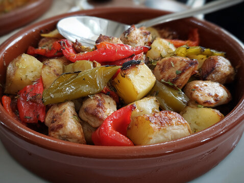 Raxo de pollo servido en cazuela de barro con pimientos y patatas asadas, receta tradicional gallega. Gastronom&iacute;a gallega. Furancho gallego. Comida de Galicia t&iacute;pica. Comida casera de pollo asado rico