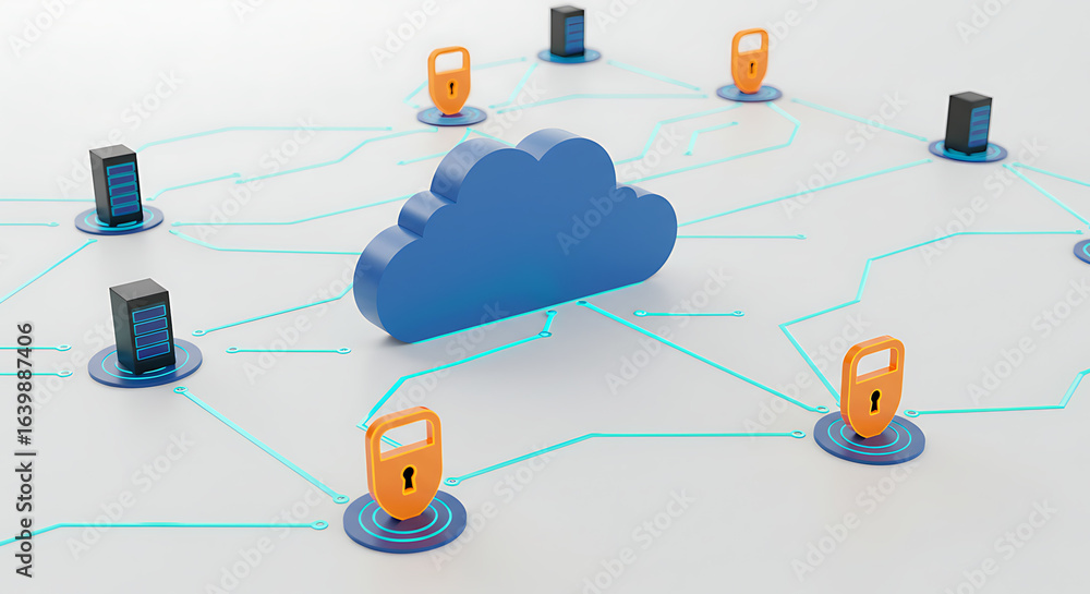 Poster cloud network security: conceptual 3d rendering of data protection featuring a digital cloud at the 