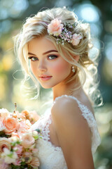 Naklejka premium Beautiful Romantic Blonde Bride with Flowers