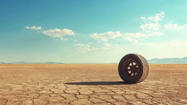 A lone tire rolling across a barren, cracked desert landscape under a clear blue sky with scattered clouds.