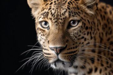 Fototapeta premium A stunning leopard with striking eyes, captured against a dark backdrop. The leopard's coat is a beautiful pattern of spots. This captivating image showcases the animal's elegance and power.