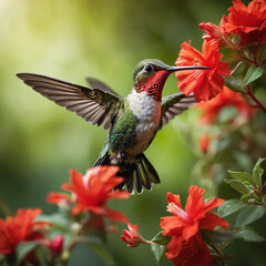 Stunning hummingbird sips nectar from vibrant red hibiscus flower