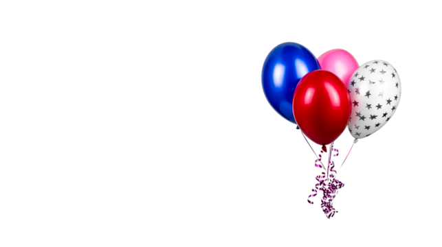 Group of four inflated party balloons with ribbons