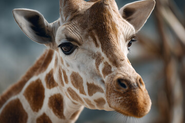 Naklejka premium A Close-up of a Majestic Giraffe's Face, Showcasing Unique Markings and Expressive Eyes