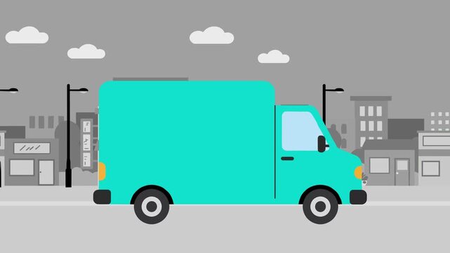 Flat 2D animation of a cyan delivery van driving in a minimal city scene with clouds, lamps, and distant buildings. The clean vector loop is perfect for logistics videos, parcel delivery ads, and mode