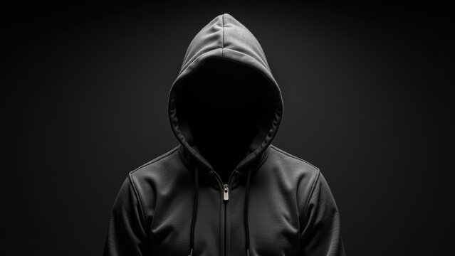 Mysterious figure in black hoodie against dark background, evoking intrigue and anonymity