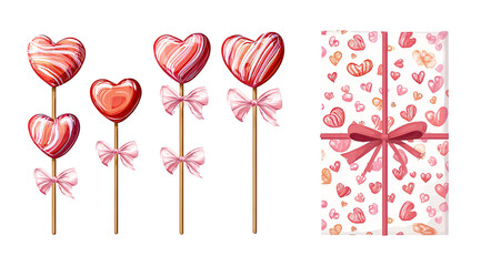 Fototapeta premium Heart-shaped lollipops and a gift box. A collection of five heart-shaped lollipops on sticks, each with a pink bow, displayed alongside a gift box wrapped in a design of hearts