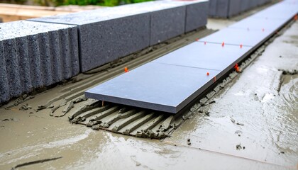 Laying tiles with mortar on construction site