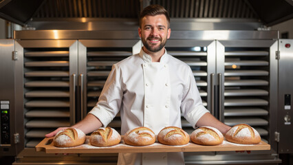 Freshly baked bread displayed by smiling baker in professional kitchen, showcasing craftsmanship and warmth