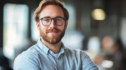 Fototapeta premium A man with glasses and a beard, wearing a light blue shirt, standing in an office setting with a blurred background.