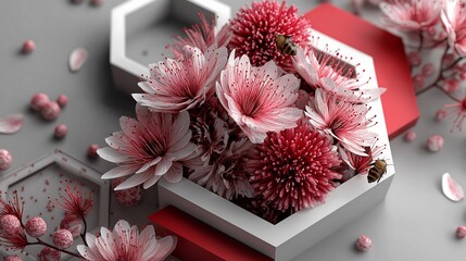 Pink Flowers on White & Red Hexagon &ndash; Abstract 3D Geometric Render, Soft Matte Illustration on Gray Background  , luxury